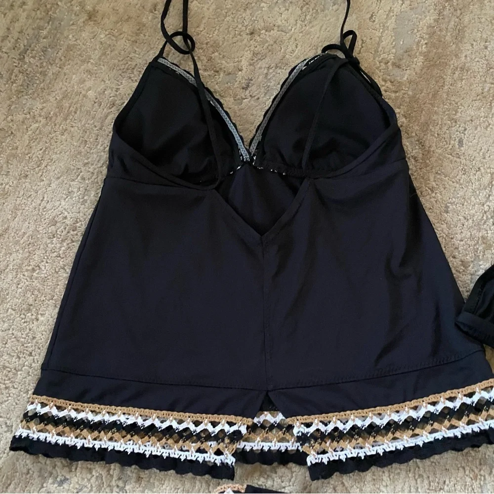 Becca Fiesta Bikini Set Matching 3 Piece Crochet Black Triangle Wireless Bra: L